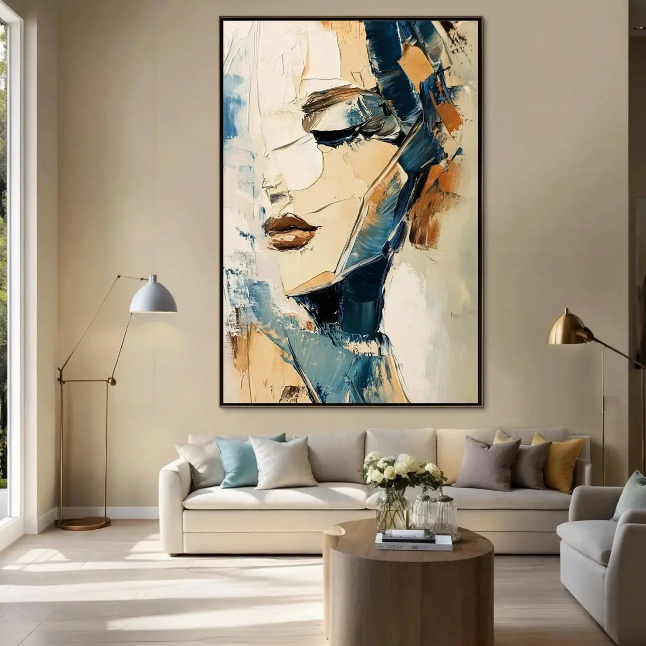 Large Abstract Woman Wall Art, Textured Portrait Canvas Print, Contemporary Figurative Decor, Living Room Artwork | Unframed N