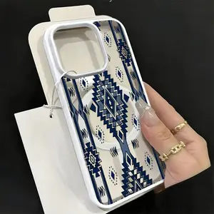Navy Blue Aztec Tribal Magnetic Shockproof Phone Case for iPhone 15 Pro Max/16 Pro Max/17 Pro Max & Galaxy S24 Ultra/S25 Ultra/S26 Ultra