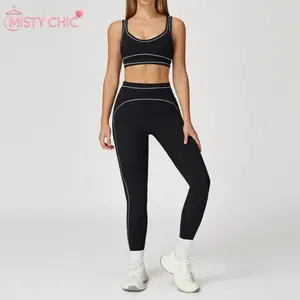 MISTY CHIC Sport Two Piece Set, Breathable Buttery Soft Seamless Yoga Bra & Hip Shaping Leggings Activewear Suit,High Waist Side Curved Line Leggings And Buttery Four-Way Stretch Fabric