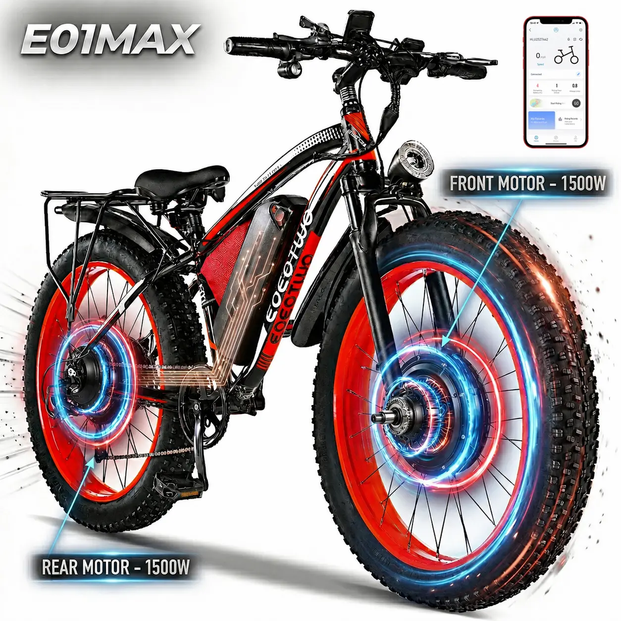 EOEOTWO Electric Bicycle (Model E01MAX) – 3000W Peak Power, 26x4-inch , 48V 23Ah All-terrain E-bike with 80-miles(PAS) & 40mph Max Speed. Equipped with the Latest LED Colour Screen Dashboard; Suitable for Road, Sandy, Mountain & Snowy Terrain