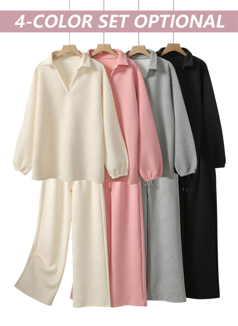 Cozy 2 Piece Jacquard Loungewear Set for Women Oversized V Neck Top & Wide Leg Pants Casual Comfy Sweatsuit for Daily Wear