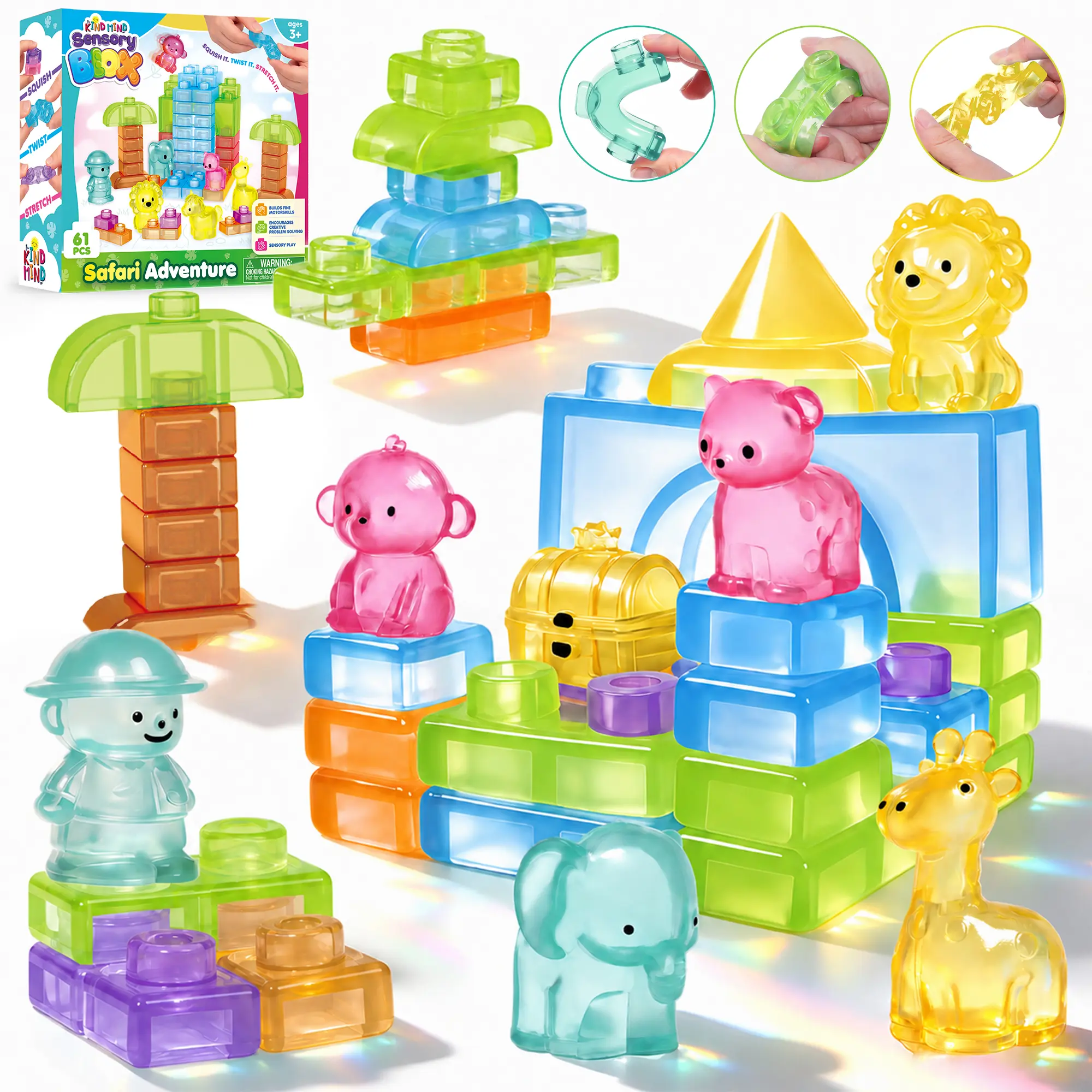 KINDMIND Gummy Blocks 61Pcs, Soft Non-Toxic for Sensory Play, Squishy Stacking Building Blocks Toy for Fine Motor Skills STEM Preschool Early learning Gift Bath toy Creative Creation for Kids Age 3+