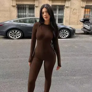 Solid Skinny Crew Neck Jumpsuit, Casual Long Sleeve Jumpsuit, Suit For Spring & Fall, Women's Clothing