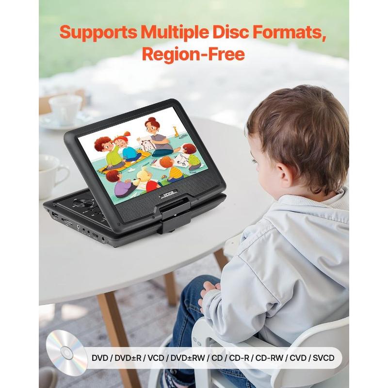 VEVOR Portable DVD Player, 10.1 inch HD Swivel Display Screen, 4 Hours Built - in Rechargeable Battery, Dual Speakers, Support Sync TV/USB/SD Card/CD/DVD, Car Charger, AC Power Adapter, Remote Control