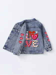 Mother's Day Girl Heart Love Letter Print Denim Jacket, Casual Loose-Fitting Washed Jean Coat for Girls 1-8 Years