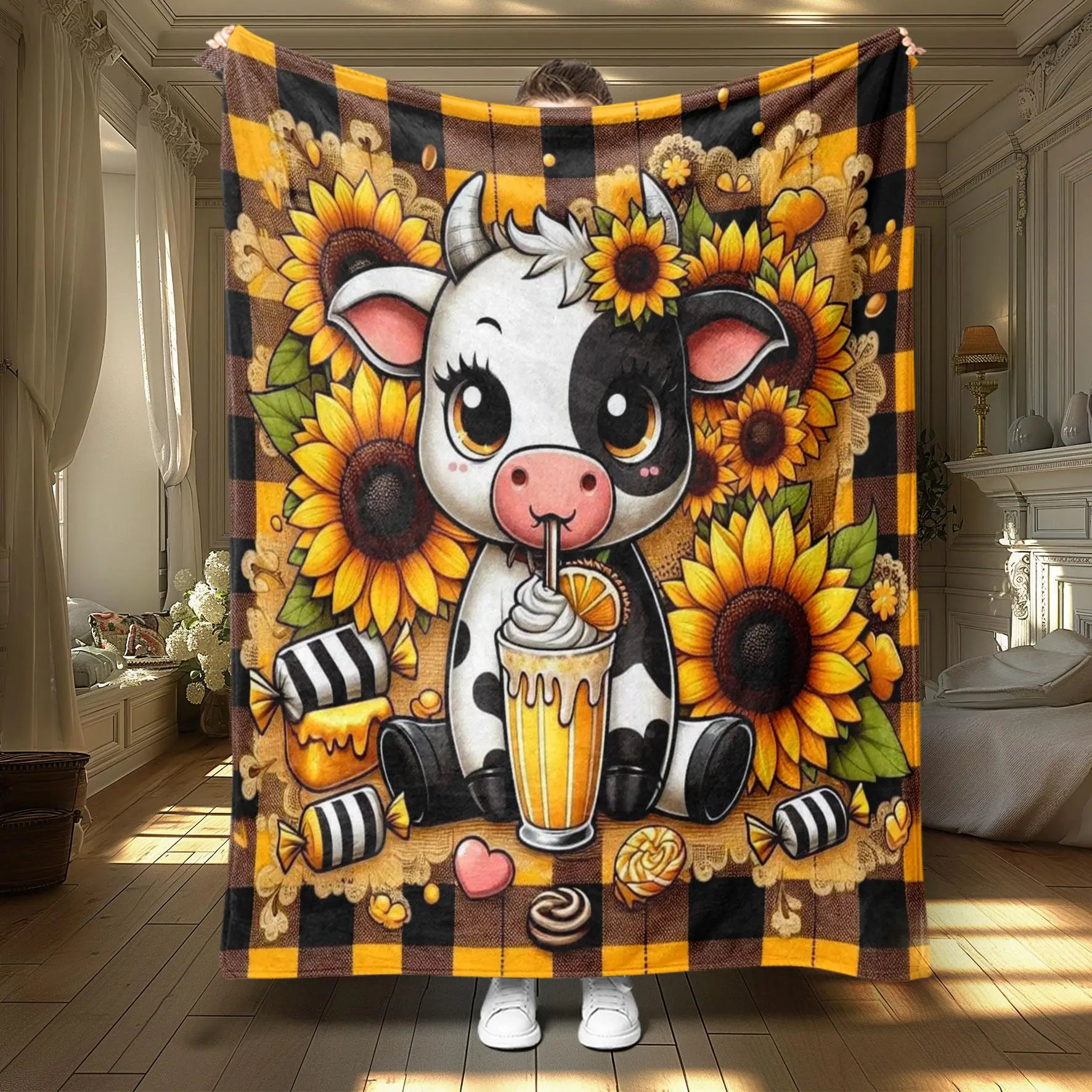 Cute Cow Sunflower Pattern Blanket, 1 Count Soft Throw Blanket, Air-conditioned Room Blanket, Warm Nap Blanket for Home Office Travel Camping