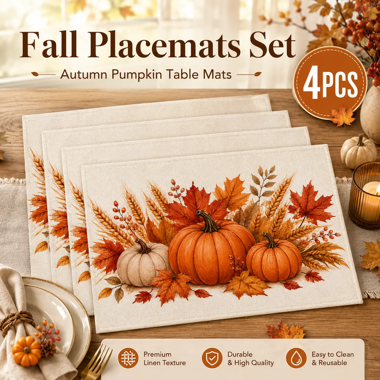 Fall Placemats 4PCS – 12x18 Inch Autumn Thanksgiving Table Mats with Yellow Pumpkin, Maple Leaf & Wheat Design for Kitchen Dining Party Decor