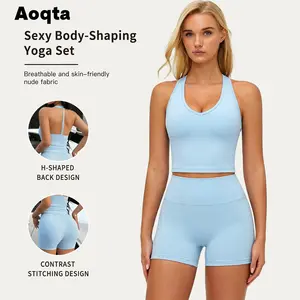 Aoqta Women's Casual Knitted Sports 2 Piece Set, Sexy Backless Halter Sleeveless V-Neck H-Shaped Back Cropped Tank Top and High Waist Tummy Control Butt Lifting Solid Biker Shorts, for Yoga, Training, Gym and Daily Wear