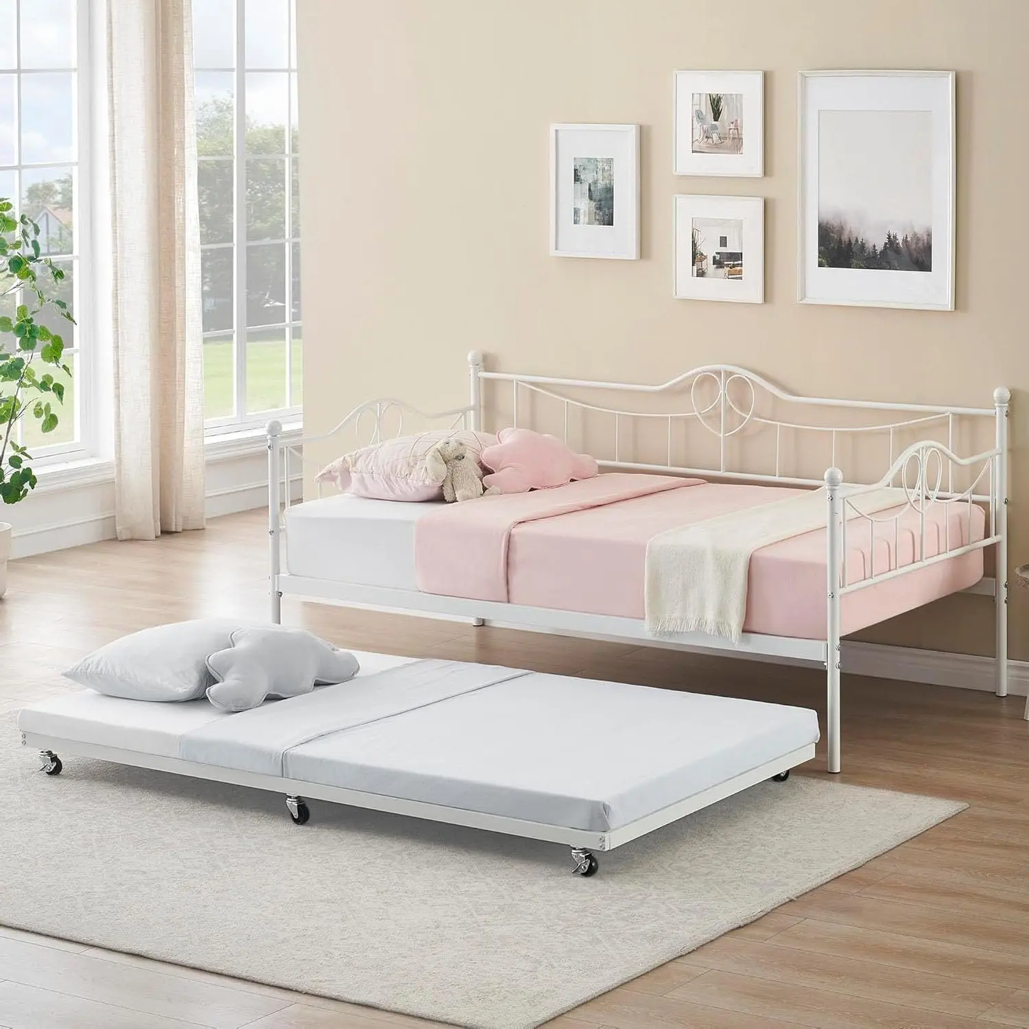 Twin Heart-Headboard Design Daybed - Heavy-Duty Steel Frame Pull Out Bed, 6 Smooth 360° Wheels, 2-in-1 Bed Sofas & Couches, Space-Saving Mini Convertible Indoor Compact Sofas & Couches, Assembly Required, Free Replacement Parts for Living Room, Bedroom