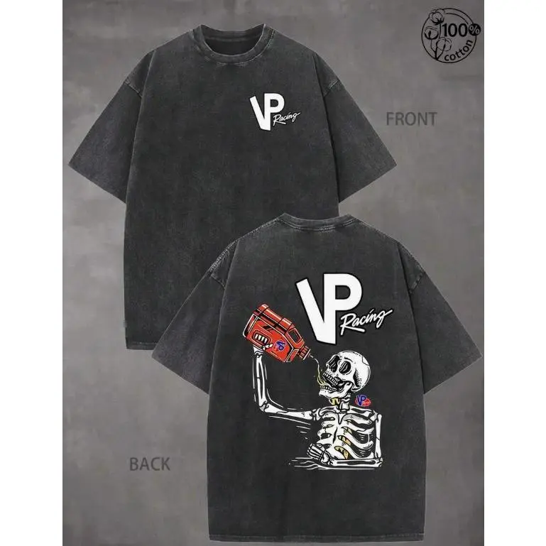 VP Racing Skeleton T-Shirts, Eye-Catching Graphic T-Shirts, Drifting And Racing Life Clothes Specially Designed For Car Lovers; Washed Cotton Double-Sided Printed T-Shirt, Mens Clothes,Men Gifts,Graphic Tee,Outdoor Sports