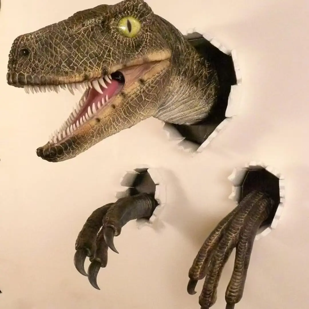 Miniature 3D dinosaur wall decoration set, lifelike three-dimensional velociraptor head claw eye pupil sculpture, Resin Animal Sculptures, Jurassic theme children's study decoration, creative home wall art, Dinosaur Figurine