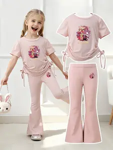 Summer Girls' Set, Zootopia Character Print, Cartoon Pattern, Drawstring Short Sleeve Flared Pants Two-Piece, Casual School Wear