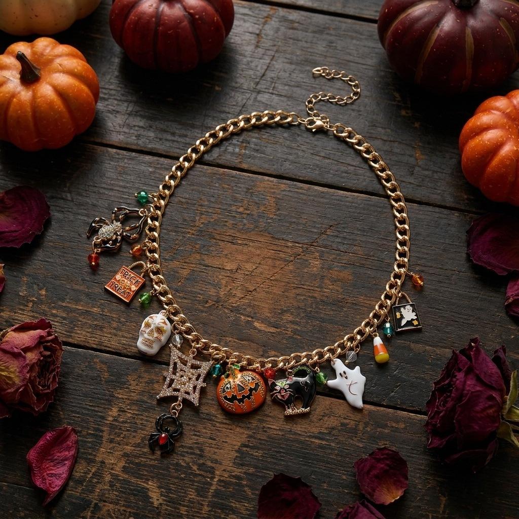 QIMENGLAI Women's Halloween Rhinestone Clavicle Necklace - Sparkly Crystal Spider Ghost Pumpkin Skull Pendant Festival Jewelry with Birthstones Bubble Initial Opalite Dainty Heart Name for Girlfriend Birthday Gifts