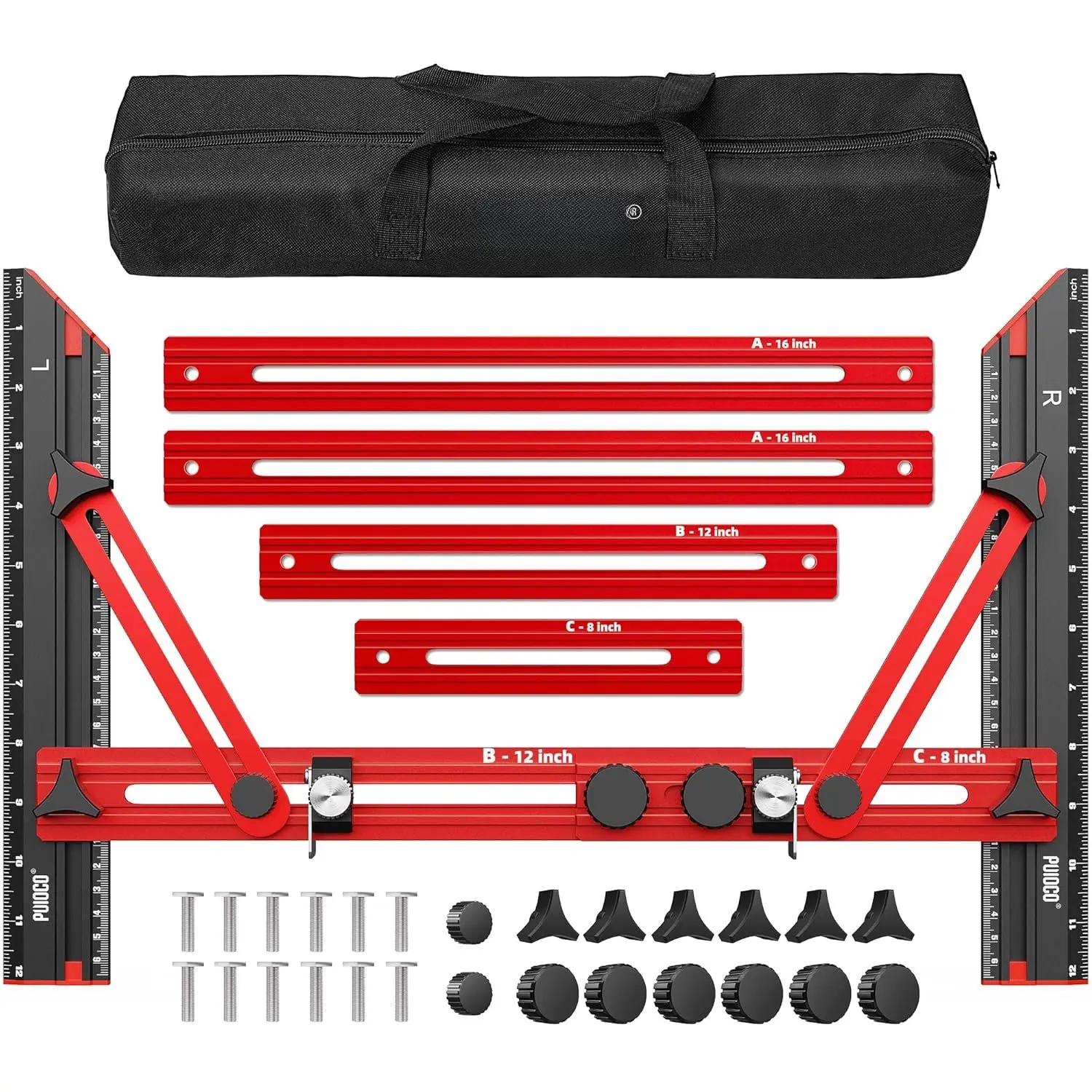 Stair Tread Template Tool, Stair Measuring Tool with Triangular Structure Brace and Edge Flip Stops, 8-72 in Solid  Alloy Stair Tread Jig for Accurately Measuring Stairs (Red)