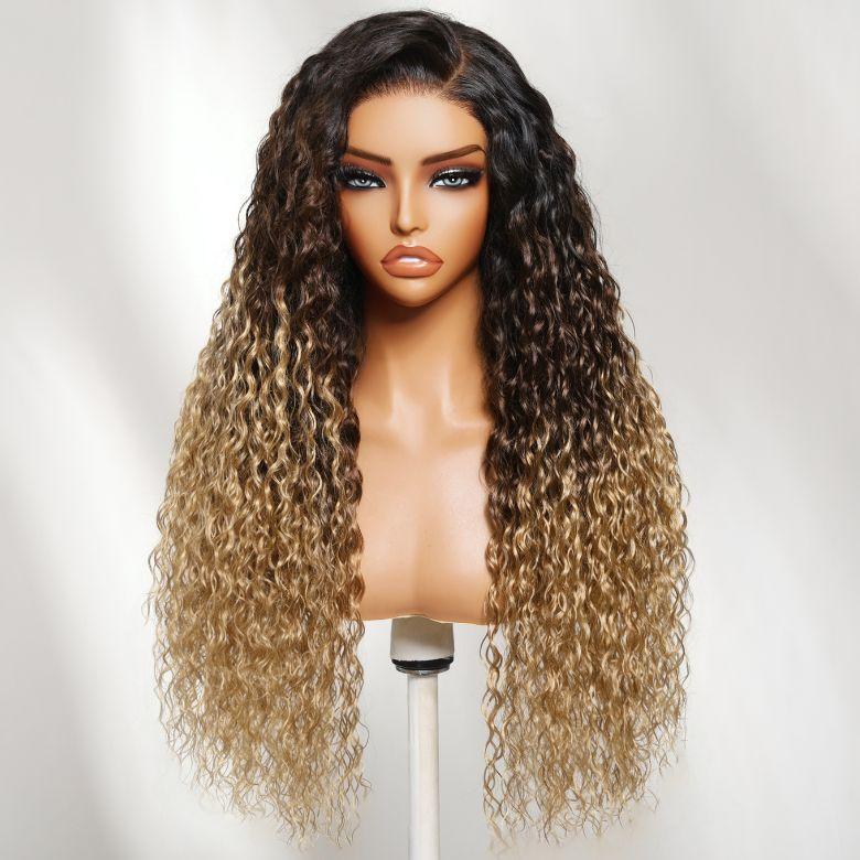 【LIVE NEW IN】Nadula 20'' Three-Tone Ombre Natural Black to Brown to Blonde Water Wave Wig 7x5 Lace Closure Human Hair Wigs with Drawstring Narural Hairline Beginners Friendly Put On and Go