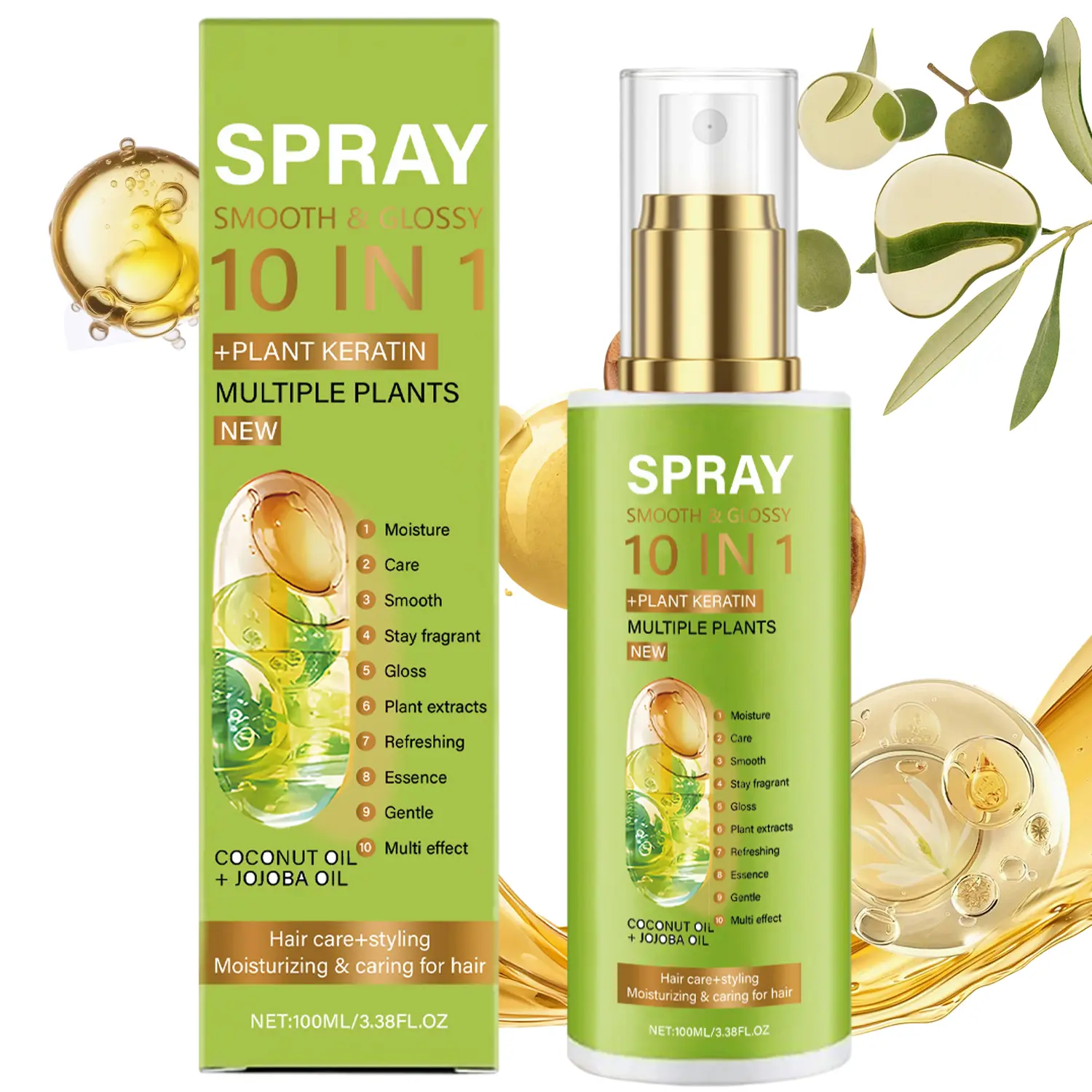Anti-Frizz Hair Spray with Keratin，10-in-1 Leave-In Conditioner for Smooth & Glossy Hair，Moisturizing Detangling Treatment，Non-Greasy Styling Care (3.38OZ)