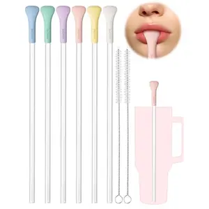 6PCS Anti Wrinkle Straws with Silicone Widen Flat Tip Drinking Plastic Straw, Fit for Stanley 30 oz 40 oz Tumbler, Reusable Wrinkle Free Plastic Long Straw, 2 Brushes, BPA-free (Macaron Colors)