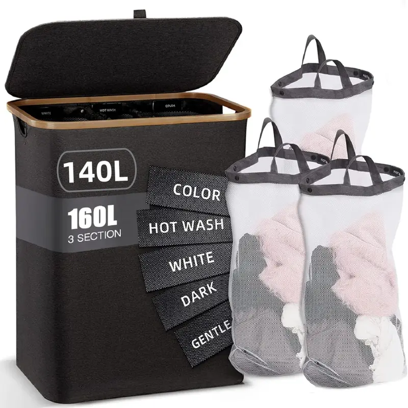 160L Extra Large 3-Section Laundry Hamper | With Lid & Sturdy Handle | Dirty Clothes Organizer for Laundry Room/Bedroom