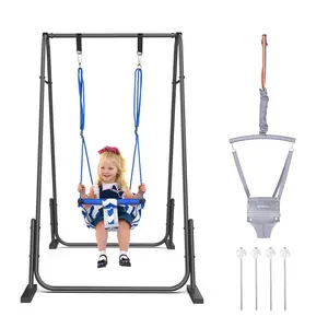 2 in 1 Baby Jumper and Swing, Toddler Swing Set with Foldable Stand, Ages 6 Months to 6 Years, for Indoor and Outdoor Fun, Grey