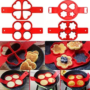 Silicone Pancake Maker Mold Set, Nonstick Baking Mold, Frying Pan Frying Pan Cake Mold DIY Porous Pancake Mold Circular Heart-shaped Star Shaped for Family Cooking Kitchenware Gadgets