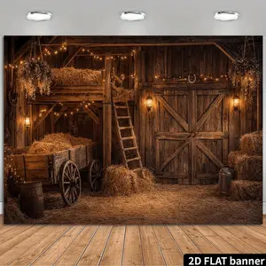 2D Flat Banner 1pc, 2D Western Farm Background Cloth, vintage wooden barn design with hay bales and wagon wheel decor, creates a cowboy atmosphere, suitable for parties, photography, and studios High Quality Phot