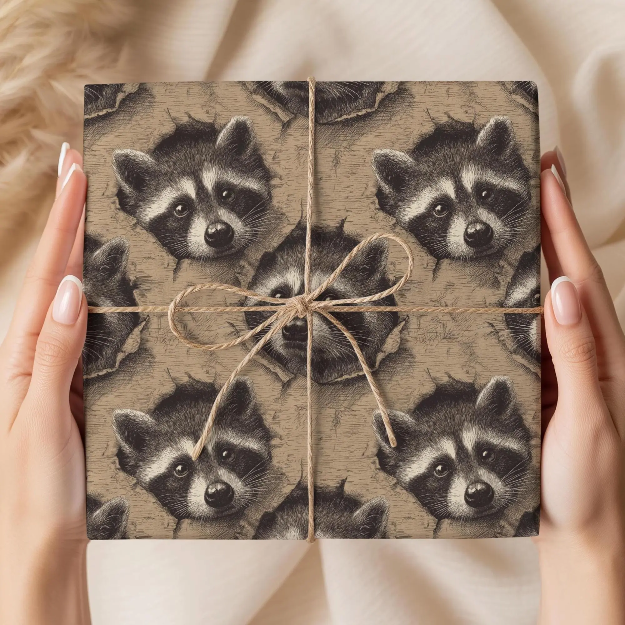Funny Raccoon Faces Wrapping Paper, Renaissance Animal Meme Trash Panda Gift Wrap
