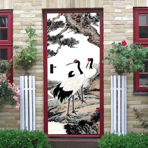 2 Chinese Style Pine and Crane Wall Sticker Living Room Entrance Decorative Decal Self Adhesive Removable Waterproof Sticker Traditional Crane Landscape Wall Decoration New Year Housewarming Gift Home D