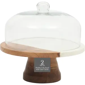 Ridgehaven 10" Marble & Wood Cake Stand, Serving Platter, Charcuterie Board, and Center Piece Home Décor With Lid