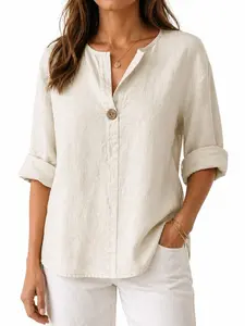 Women's Spring Summer New Vintage V-Neck Button-Up Top, French Elegant Office Commute Slim Fit Casual Short Sleeve Shirt