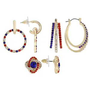 JTV Red, White and Blue Crystal Gold Tone Patriotic Earring Set of 3