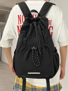 1pc Men's drawstring leisure backpack, lightweight nylon campus commuting backpack, simple solid color travel bag, adjustable shoulder strap outdoor storage bag, side pocket daily bag, suitable for school, sports and daily travel
