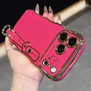 Electroplated Dual Heart Wave Large Window Phone Case Cover, Heart Wrist Strap, Vibrant Colors, Fits iPhone 11/12/13/14/15/16/17 Pro/pro Max/plus