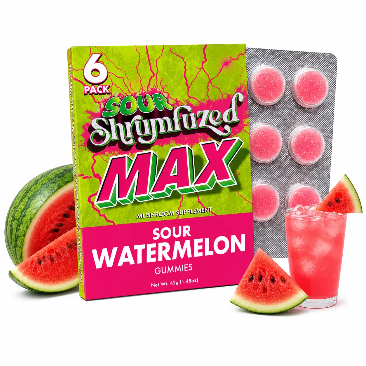 MAX Watermelon Fruit Sour Gummies, 6 Count, High Potency Plant-Based Mushroom & Fruit Gummies, Soft Chewy Gummies, 100% Organic Ingredients, High-Quality Formula, Freshness-Sealed, Secure Reusable Metal Tin, Travel-Friendly Packaging, Proudly Made in USA