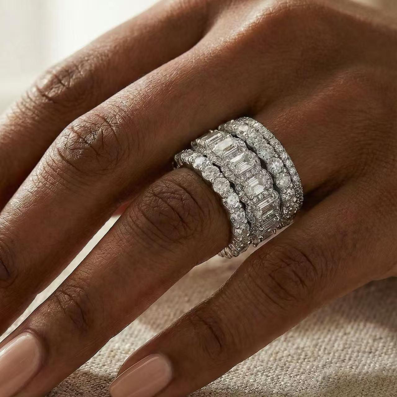 S925 Sterling Silver 10.0ct Cushion Cut 4PCS Stackable Wedding Band Ring Set, No Tarnish Full Eternity Churumbela Jewelry Set for Travel, Daily