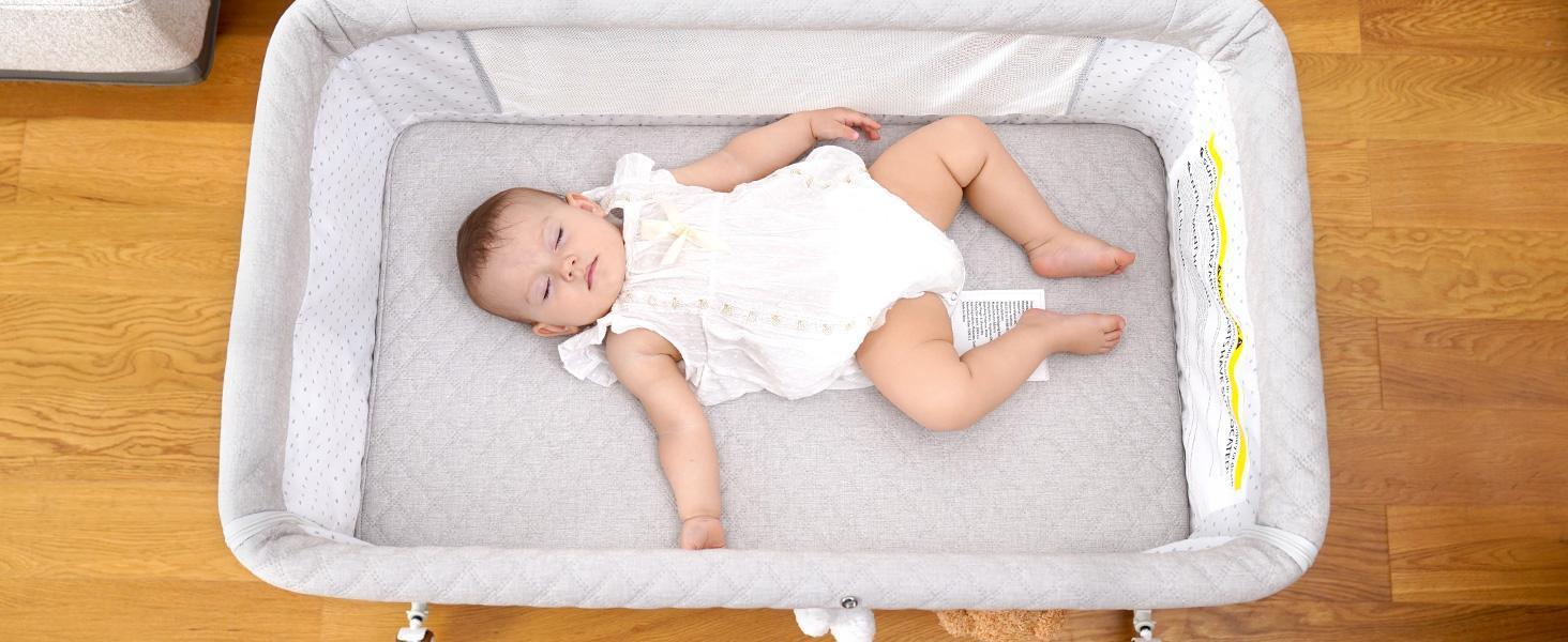 Baby Bassinet Sleeper, 6 Height Adjustable Cribs, Easy to Fold Portable Crib Side Bassinet, Swing Cradle Bed Side Sleeper with Ventilated Net&Wheels