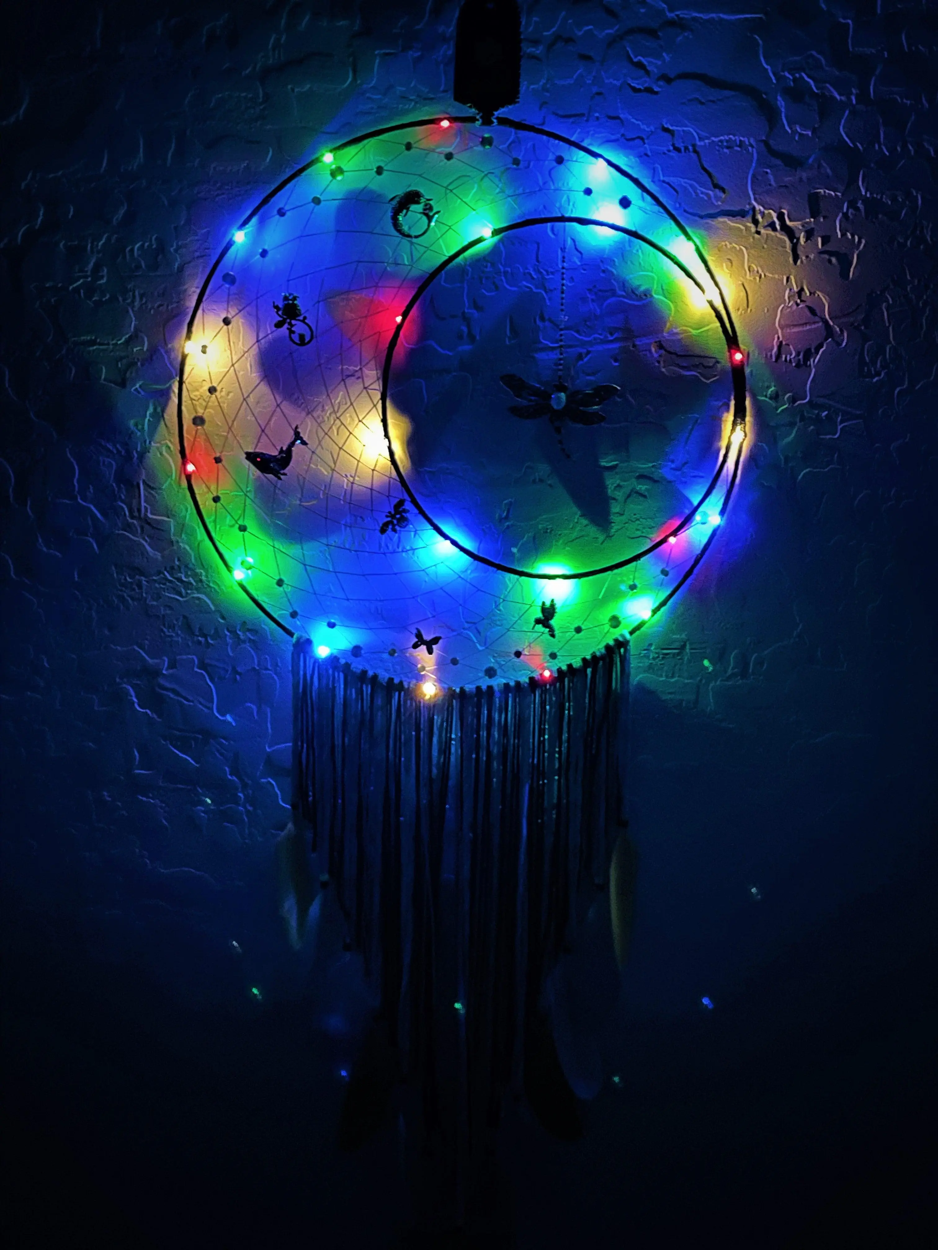 Moonveil Collection - Menagerie of the Veil - 19-Inch Crescent Hanging Dreamcatcher • Multicolor Lights • Pastel & Black Blend