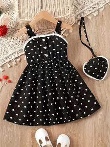 Girls Summer Fashion Dress, Casual Polyester Heart Pattern Skirt, Shoulderless Design, Comfortable Clothing for Summer