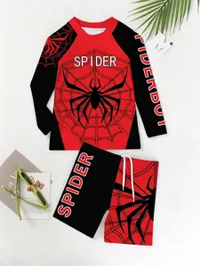 Boys Spider-Man Theme Swimsuit Set, Cute Cartoon Design, Cartoon Character Appeal, Hero Style Print, Summer Beach Pool Playwear, Fitted Two-Piece Suit, Swimwear Outfits