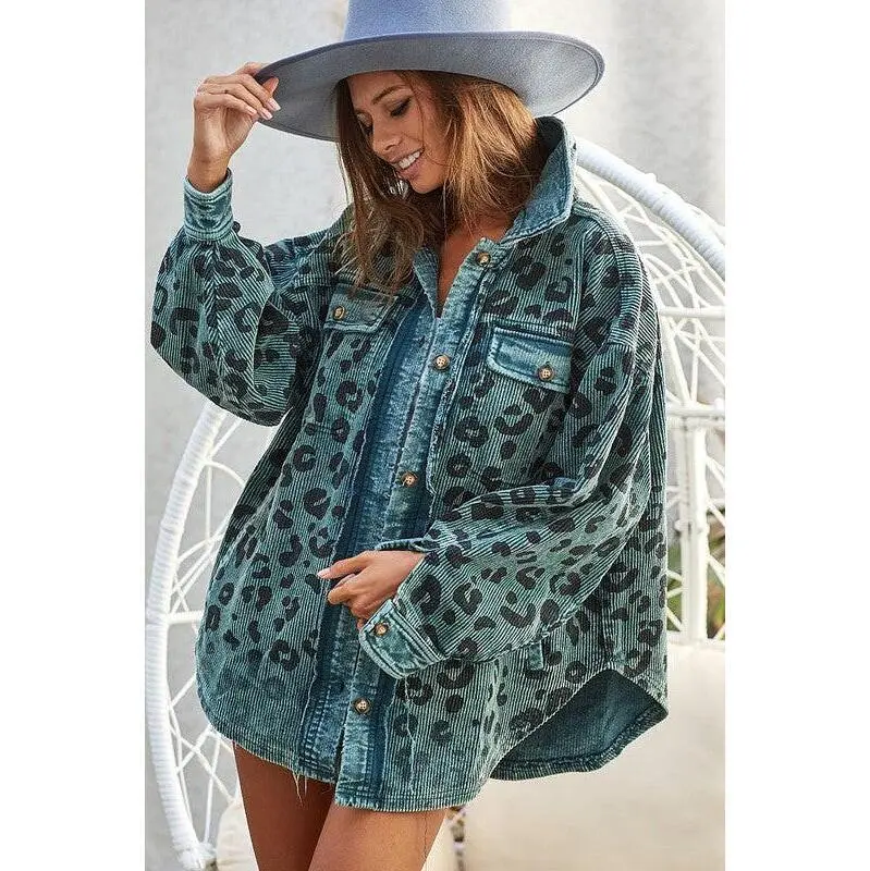Vintage Leopard Corduroy Jacket Casual Collar