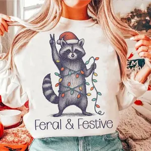 [New Collection For Christmas] Feral and Festive Raccoon Christmas Sweatshirt | Funny Holiday Pullover with Santa Hat & Lights | Cozy Winter Outfit, Cute Xmas Gift for Women