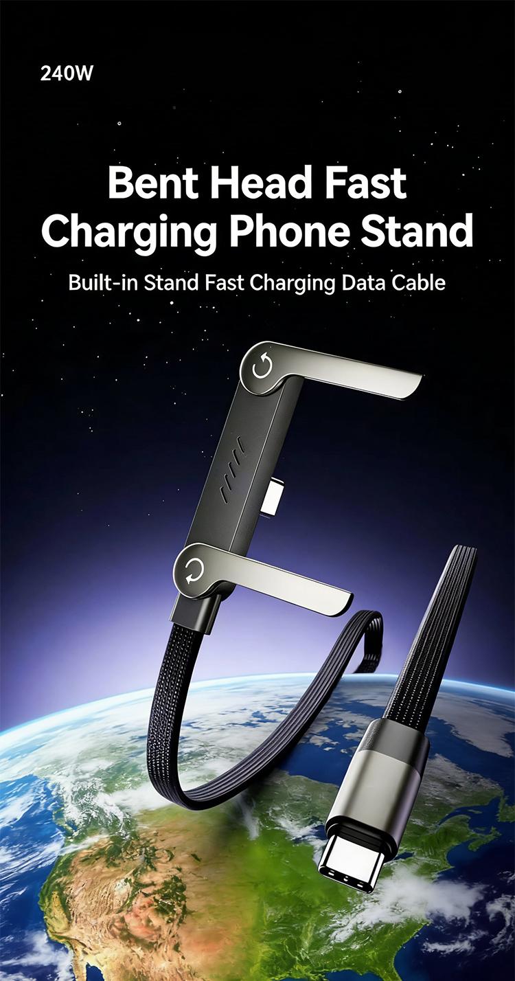 Invisible Holder Charger Cable with Stand 240W Super Fast Charging 2-in-1 Fast Charging Cord & Phone Stand for Gaming Office Car Travel Type-C Charging Cable Black Cellphone Electronic