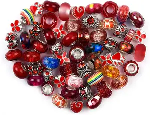 60 count Assorted European Beads with Copper Core Big Hole  Spacer No Copper Core Lampwork Colorful Beads Rhinestone Craft Beads for DIY Charm Bracelet  Making (Siam)