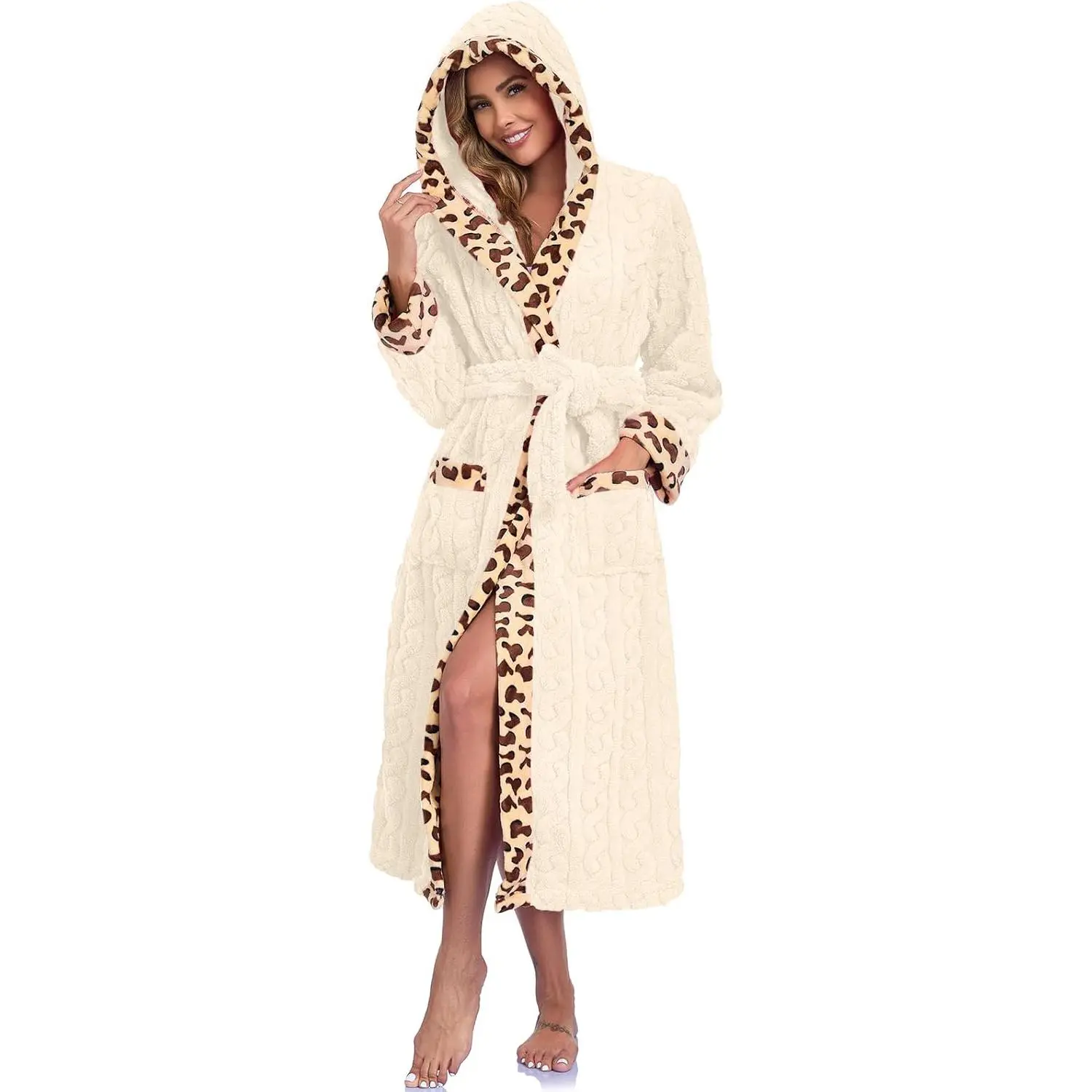 Womens Robe Soft Fuzzy Fleece Long Bathrobe Leopard Print Housecoat with Pockets & Belt S-XXL