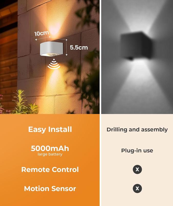 Motion Sensor Wall Light with Remote Control 3 Colors Wireless Wall Sconces LED Indoor Up and Down Lamp 5000mAh Rechargeable Battery Powered Brightness Adjustable White 2 Pack