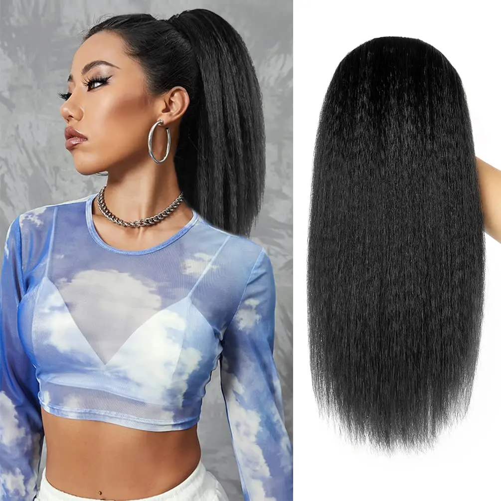 Yaki Straight Ponytail Extension for Black Women, 14 Inch Black Fluffy Thick Synthetic Yaki Ponytails, Drawstring Yaki Ponytail for Black Women Girls (Natural Black 1B)