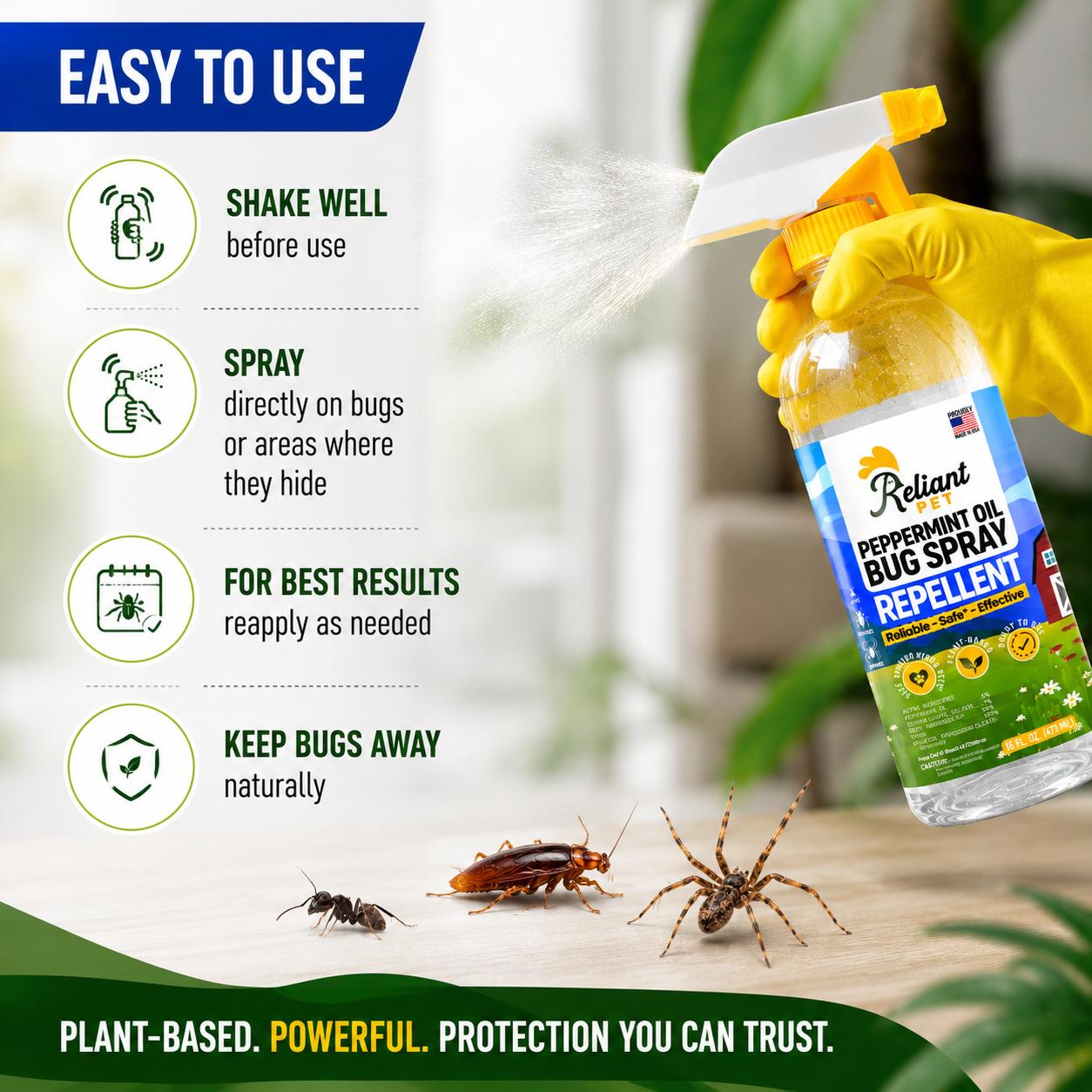 Reliant Pet Peppermint Oil Bug Spray - Deals For You Days -  [16oz and Made In USA ] Ants, Spiders, Roaches - Safe for USE Around Kids and Pets  - Effective & Usage