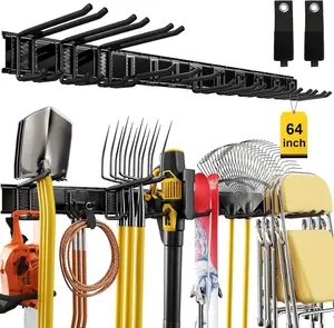 64" Heavy Duty Steel Garage Wall Tool Organizer, 900 Lbs Garden Tool Storage Rack for Yard Shed Garage Organization, with 12 Longer Thicker Hooks & 2 Straps