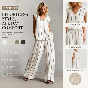 Women's Striped Linen 2-Piece Set – V-Neck Top & Wide-Leg Pants | Casual Vacation Lounge Matching Outfit | Boho Summer Co-ord Set