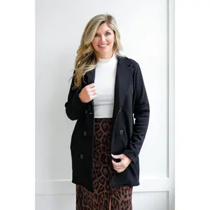 Plus/Reg Black Knit Long Sleeve Double Breasted Blazer