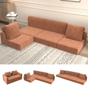 Modular Sectional Sofa Chair, 3 in 1 Convertible Folding Sleeper Sofa Bed, Small Cloud Floor Compressed Sofa Couch Set with Arm and Backrest for Living Room, Corduroy Brick Red
